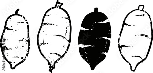 black and white abstract sweet potato silhouettes, root vegetable shapes, organic natural food icons
