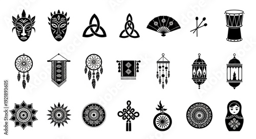 Collection of Cultural Symbols and Decorative Objects.