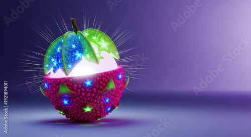 Stylized exotic fruit radiating light, symbolizing the potent power of inspiration, new ideas, and imaginative thinking, visual, energy, metaphor