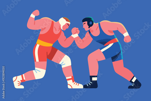 Illustration Of Two Muscular Men Wearing Blue And Red Wrestling Trunks Wrestling Against A Purple Background Vector Design Template