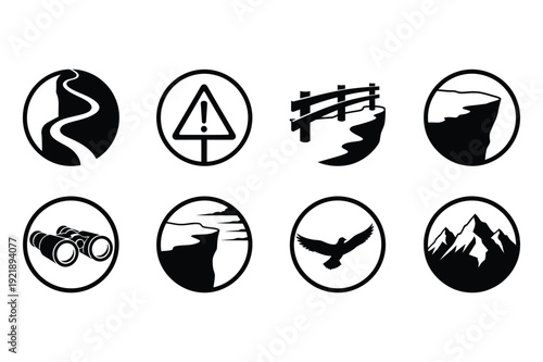 Outdoor Adventure Icons: Hiking Trail Warning Sign Bridge Cliff Binoculars Eagle Mountains