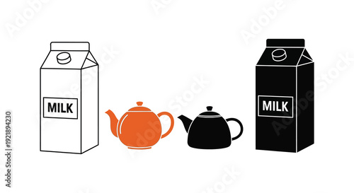 Minimalist illustration of milk cartons and teapots in contrasting colors silhouette