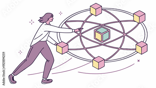 Focused Woman Pushing Blockchain Network Structure for Decentralized Data Security and Web3 Development Projects