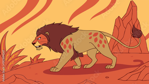 Fierce Lion King Walking Through Fiery Savannah Landscape for Adventure Game Design or Fantasy Storybook Illustration