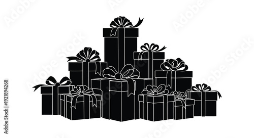 A large stack of gift boxes beautifully arranged in a dark silhouette