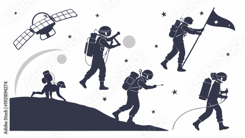 Astronauts Exploring Lunar Surface with Satellite Technology for Space Exploration Missions and Scientific Discovery Graphics