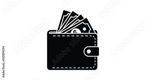 Black wallet filled with cash a simple financial illustration silhouette