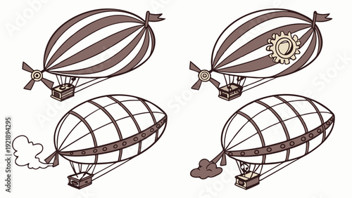 Steampunk Airships Blimps Zeppelins Set Vintage Aviation Travel Adventure Design Elements for Game UI