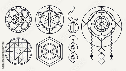 Sacred Geometry Symbols Set Mystical Spiritual Icons for Tattoo Design Yoga Branding Esoteric Web Graphics