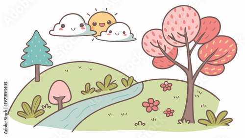 Cute Kawaii Spring Landscape with Smiling Sun Clouds for Children Book Illustration or Website Background Design