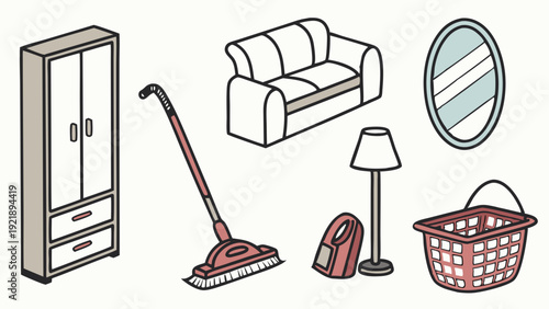 Household Cleaning Supplies and Furniture Icons for Home Organization and Interior Design Projects