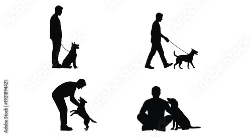 People with dogs in various poses depicted as a black silhouette