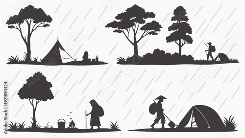 Camping Survival Scenes in Rain Silhouette Set for Outdoor Adventure Travel Web Design Illustration