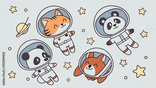Cute Cartoon Astronaut Animals Floating in Space for Kids Education Design Fun Outer Space Adventure Illustration