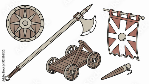 Medieval Siege Weapons and Viking Battle Gear for Historical Game Design and Fantasy Advertising Assets
