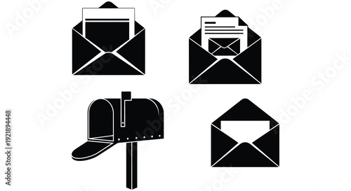 Black envelope and mailbox icons in a minimalist design silhouette