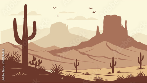 Iconic Desert Landscape with Saguaro Cacti and Monument Valley Buttes for Travel Web Design Adventure Backgrounds
