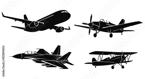 Four aircraft in black including a jet biplane and fighter silhouette