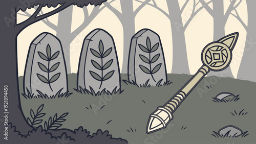 Mystical Forest Scene with Ancient Runestones and Magic Staff for Fantasy Game Design or Spiritual Website Background