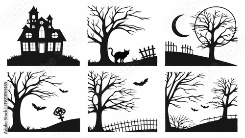Spooky Halloween Silhouette Set Haunted House Black Cat Graveyard Scary Night for Holiday Design Projects