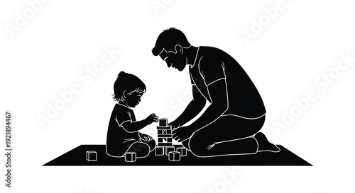 Father and child playing with building blocks a striking black silhouette