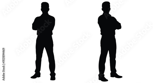 Two men standing with arms crossed depicted as a stark silhouette