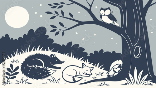 Peaceful Nocturnal Forest Scene with Sleeping Fox Hedgehog and Owl for Children's Book Illustration or Bedtime Story Design