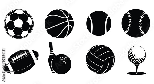 Various sports balls arranged in a graphic design silhouette high quality
