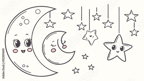 Cute Kawaii Moon and Stars Nursery Decor for Baby Bedding Design Sweet Dreams Illustration