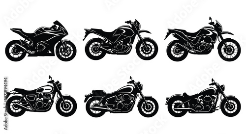 A collection of six motorcycle designs presented in stark black silhouette
