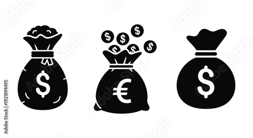 Money bags with dollar and euro signs in a stark black silhouette