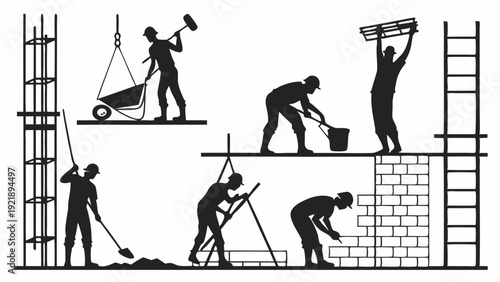 Construction Workers Silhouettes Building Brick Wall Scaffolding Heavy Labor Teamwork for Industry Websites and Manual Labor Projects