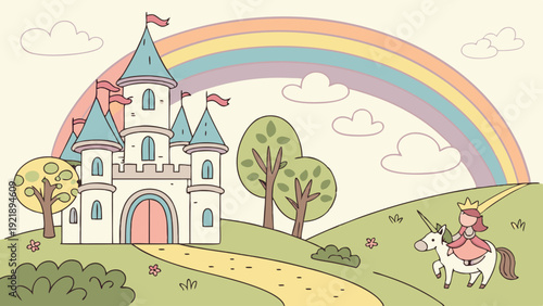 Enchanting Princess Riding Unicorn Past Fairytale Castle Under Rainbow for Children Book Illustration or Fantasy Web Design