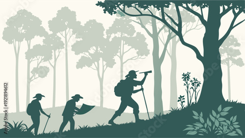 Hikers Evolving Through Stages of Exploration with Backpacks and Trekking Poles in Lush Forest Landscape for Adventure Travel Guides