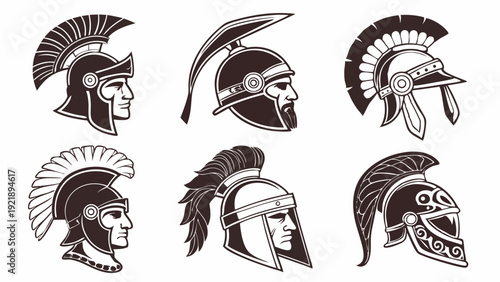 Ancient Greek Roman Warrior Helmets Set for History Gaming Design Mascot Victory Power Symbol Illustration