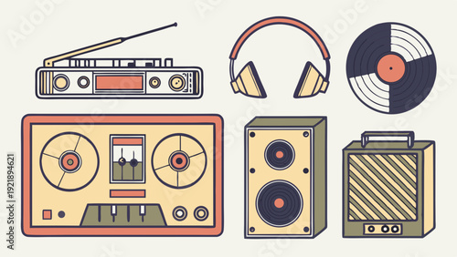 Retro Audio Equipment Collection for Nostalgic Music Lovers Web Design or Vintage Media Promotion Graphics