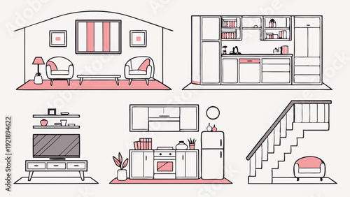 Minimalist Interior Design Elements Set Living Room Kitchen Stairs for Real Estate Web Graphics