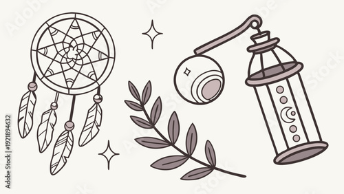 Mystical Boho Witchcraft Elements Dreamcatcher Herb Branch Crystal Potion Bottle for Spiritual Wellness Branding Design