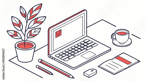 Isometric Minimalist Home Office Desk Setup with Laptop Plant Coffee and Checkmark for Remote Work Productivity and Design Projects