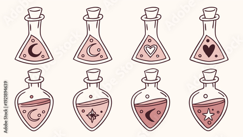 Mystical Pink Potion Bottles Set Witchcraft Elixirs for Occult Design Magic Love Spells Web Graphics