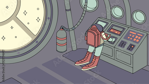 Astronaut in Spacesuit Operating Control Panel Inside Spaceship Cockpit for Sci Fi Game UI Design or Exploration Adventure