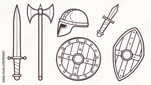 Viking Warrior Weapon Set Medieval Armor Sword Axe Shield Outline Icons for Game Design History Projects