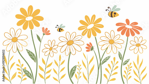 Cheerful Spring Meadow with Yellow and White Daisies and Busy Bees Perfect for Gardening Blogs or Summer Event Invitations