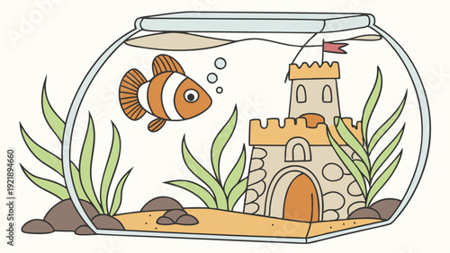 Cute Clownfish Swimming in Bright Aquarium Next to Sandcastle Decoration for Children's Pet Store Web Design