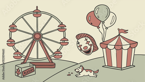 Vintage Carnival Fairground Scene with Ferris Wheel Circus Tent and Clown Face for Summer Event Promotion Design