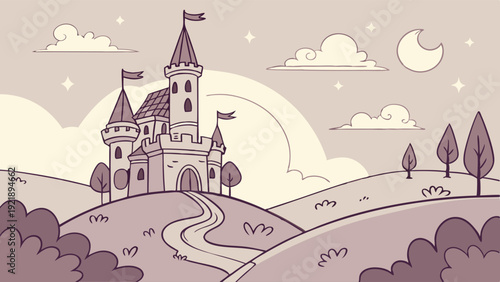 Fairytale Castle on Hill with Winding Path for Children Book Illustration Fantasy Game Design Backdrop