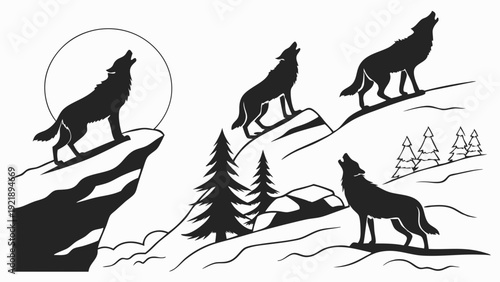 Howling Wolf Pack Silhouettes on Snowy Mountainside Under Full Moon for Wilderness Adventure Travel Design