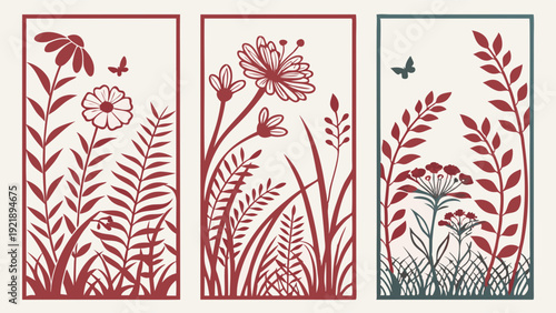 Elegant Botanical Silhouette Panels for Wall Art Decor Summer Garden Prints for Home Interior Design and Craft Projects