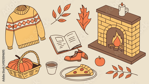 Cozy Autumn Hygge Flat Lay for Fall Seasonal Blog Posts Cozy Sweater Fireplace Reading Pizza Harvest Comfort Design Elements