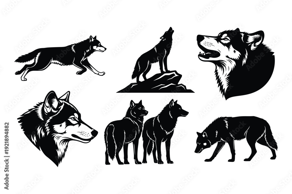 Obraz premium Wolf Silhouettes Collection Set Various Poses and Expressions